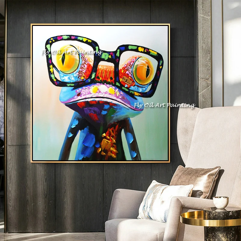 

100% Handpainted Happy Frog Animal Unframed Painting with Big Glasses Modern Art On Canvas for Home Room Bedroom Child ‘s Gifts