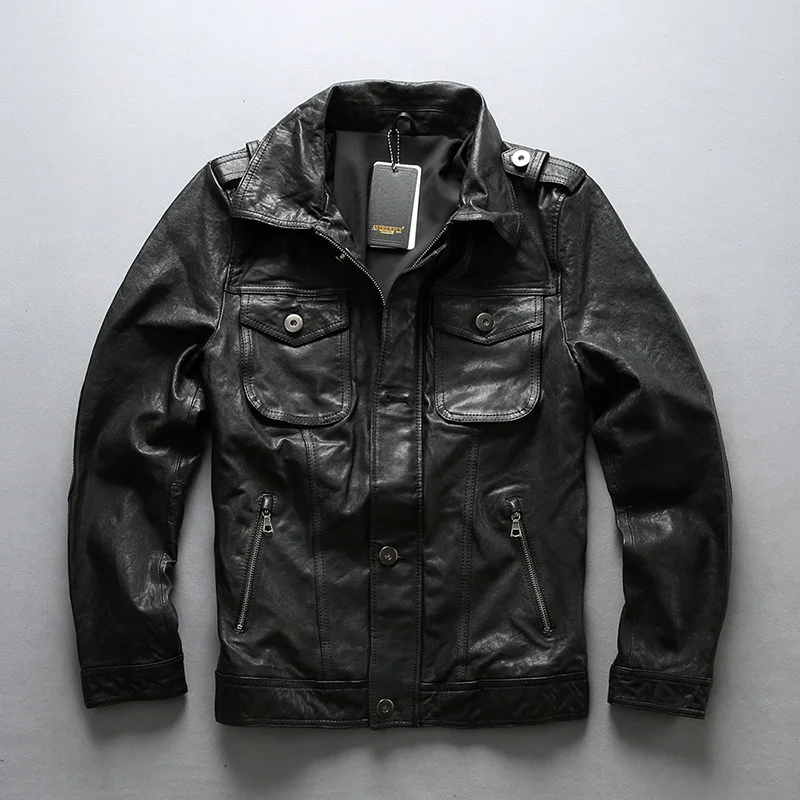 

AVIREX FLY New Brand Men Fashion Mens Slim Fit Sheepskin Motorcycle Biker Jacket Black Genuine Leather Coat