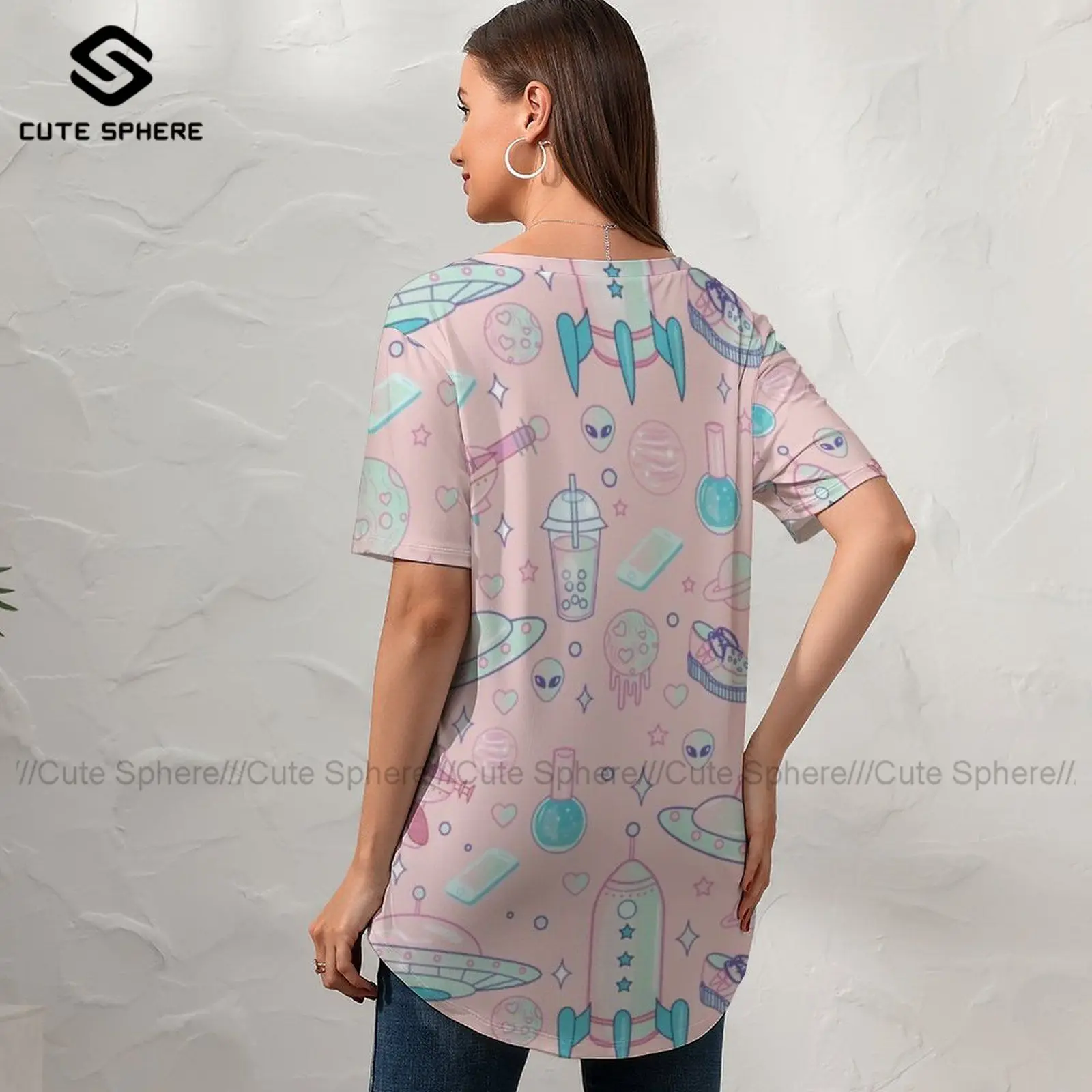 

Alien T Shirt Simple Lady Summer T-Shirt Short Sleeve Print V Neck Tshirt Oversized