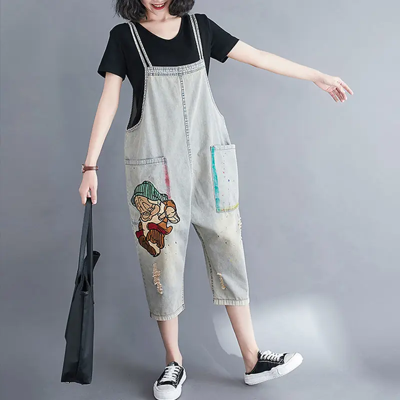 

Ambroidered Fashion Streetwear Denim Overalls Women Summer Pockets Ripped Mom Jeans Jumpsuit Loose Big Size Straps Baggy Pants