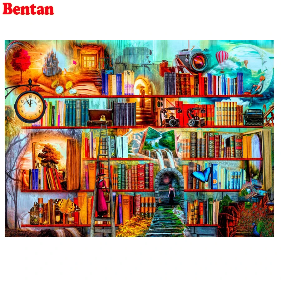 Квадратная круглая алмазная живопись сделай сам Сказочная книжная полка вышивка