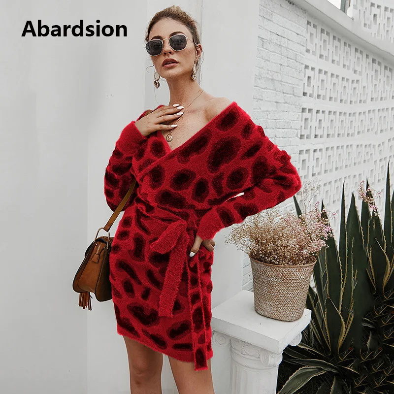 Abardsion, женское леопардовое трикотажное платье, осенняя зимняя одежда, Vestidos, длинный рукав, v-образный вырез, облегающий свитер, платья