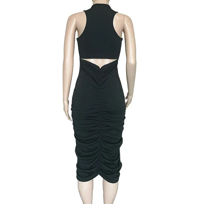 

Woman Summer dress 2020 Sexy Black Sleeveless hollow back pleated bodycon midi dress
