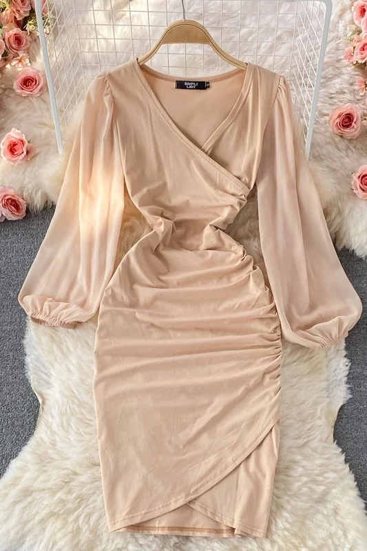 

Feminine Autumn V-neck Pleated Wrap Dress Women New Arrival Long Sleeve Elegant Solid Work Office Dress Ladies Holiday Dresses