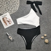 one piece suits black white patchwork swimsuit bow tie one shoulder brazilian bikini sexy swimwear women bathing trajes de bano