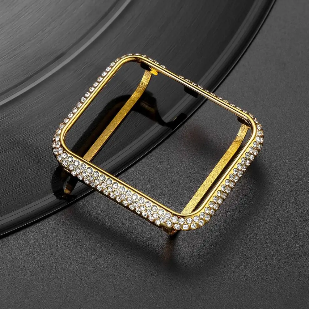 Gold 24K настоящее золото Стразы хрусталь бриллиант защитный чехол для apple watch series 3 2 1 защитная рамка бампер Платиновое Покрытие чехол совместимый для apple watch 42 мм 38 мм женские мужские часы аксессуары - Цвет: Gold