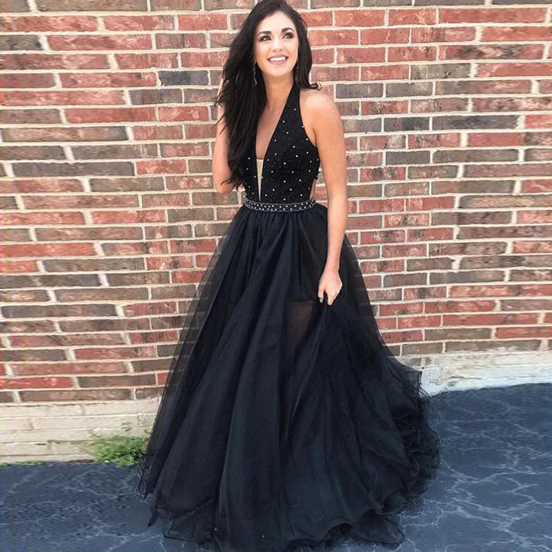 

Sofuge Black Tulle Aline Evening Dress Appliques Beads Celebrity Formal Dresses Robe De Soiree Evening Party Lace Up Back