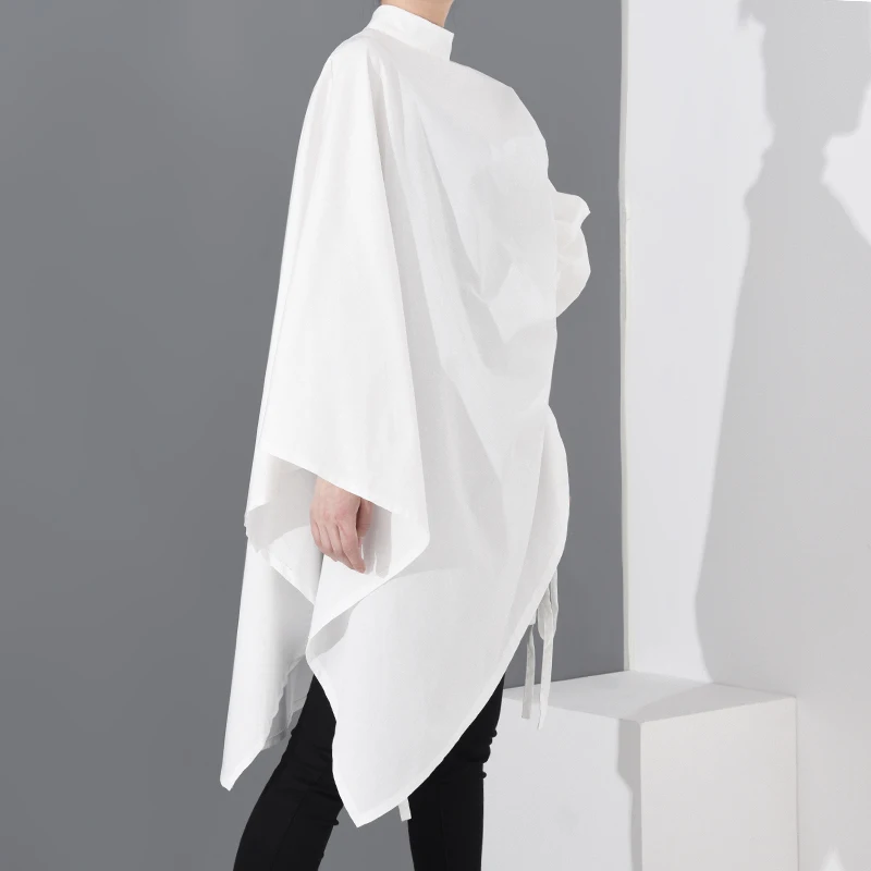 

[EAM] Women White Drawstring Big Size Blouse New Stand Collar Long Sleeve Loose Fit Shirt Fashion Spring Summer 2021 1S22900