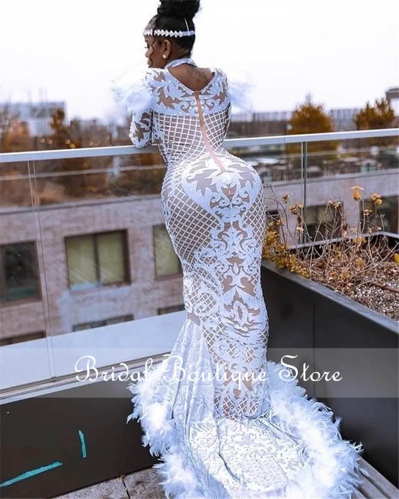 High Neck Mermaid Prom Dresses 2021 New White Long Sleeve Lace Beaded Formal Evening Dress with Feathers