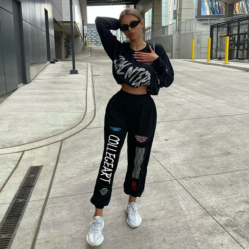 

Hip Hop Streetwear Harem Pants Women Black Baggy Sportswear Letter Print Jogger Loose Trousers Y2K Aesthetic Sweatpants