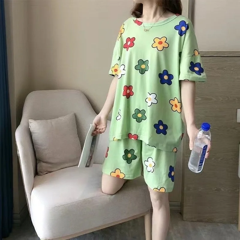

Summer Pajama Sets Women Printed O-neck Tops Loose Shorts Cozy Students Lovely Sleepwear Ins Home Females Lounge Trendy Popular