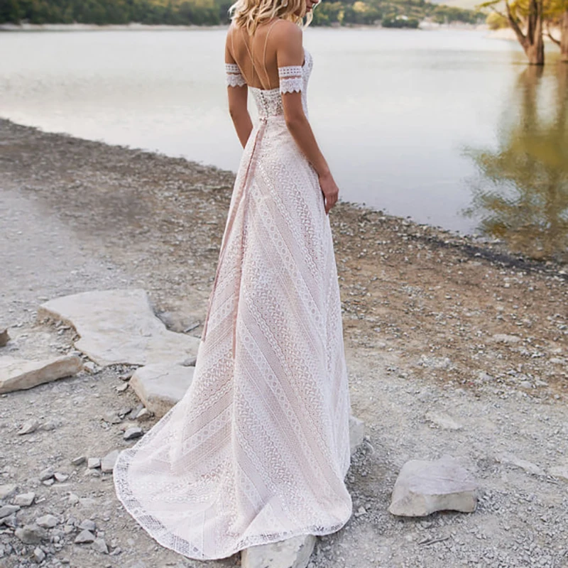 

10122# Bohemian Strapless Sweep Train Champagne Sweetheart Short Sleeve Lace Backless Wedding Dress Bride Gown Vestidos