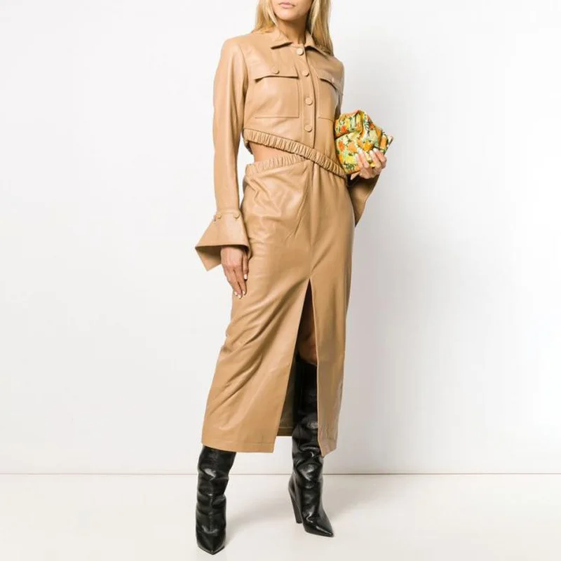 Женский костюм двойка из искусственной кожи Асимметричное пальто с длинным