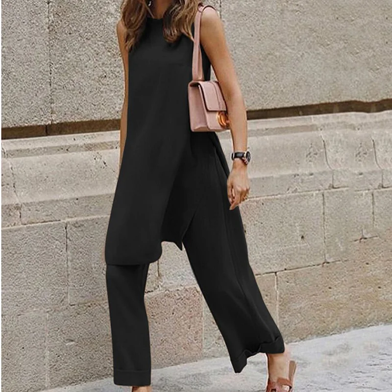 

Office Ladies Solid Two Piece Sets Women Elegant O Neck Blouse Top And Loose Long Pants Suit 2021 Summer Casual Sleeveless Sets