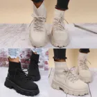 Новые Вязаные ботинки-носки на шнуровке с квадратным каблуком черные женские ботильоны на платформе 2021 Модные женские зимние теплые ботинки на толстой подошве