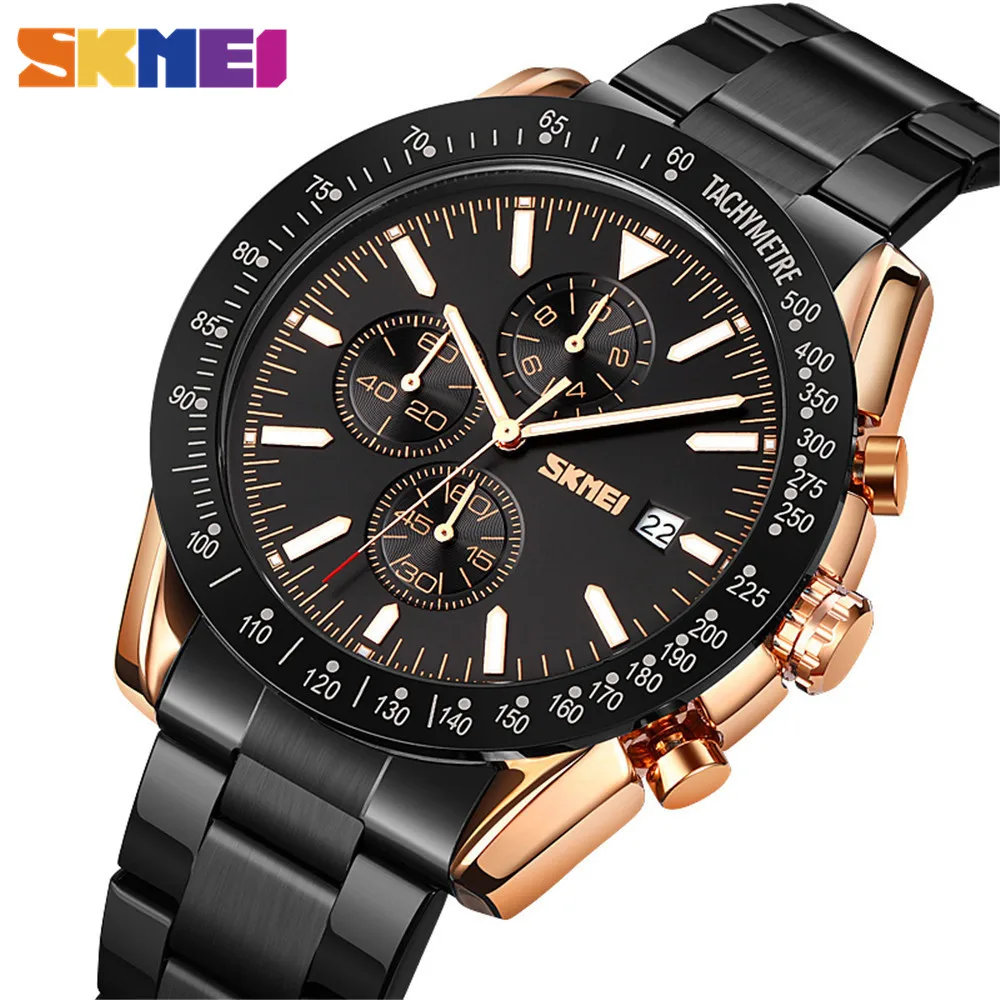 SKMEI Casual Mens Watches Luxury Stainless Steel Strap Watch Men Chronograph Date Quartz Wristwatches relogio masculino 9253