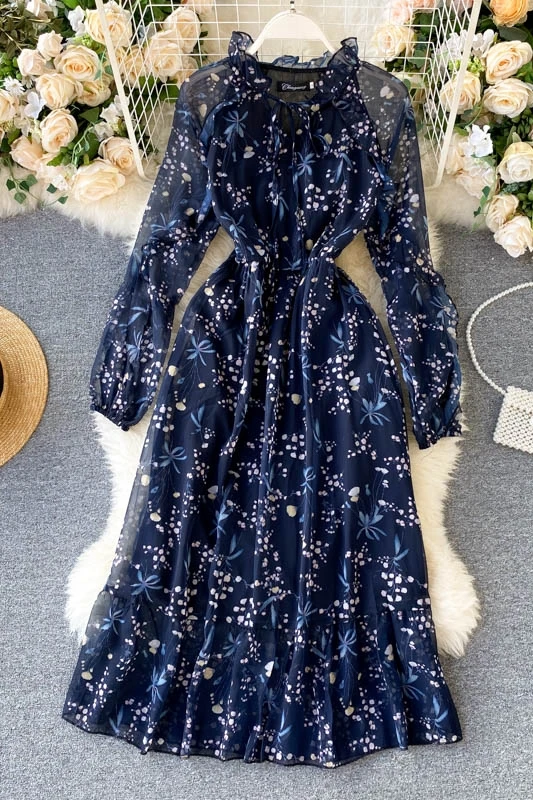 

Korean fashion Ruffles maxi dress women Ruffled collar long sleeve lace up waist MIDI dress elegant temperament party dress