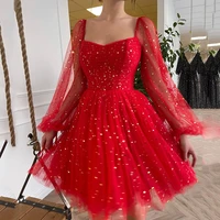 uzn a line short prom dress sweetheart puffy sleeves sequined evening party gowns saudi arabia celebrate dress custom made
