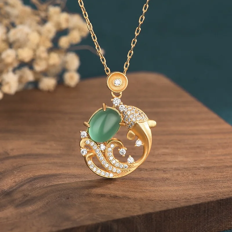 

Palace Style Design Necklace Inlaid Hetian Jade Classical Temperament Girl Pendant Clavicle Chain Jewelry Gift Pendant Necklace