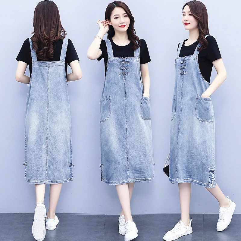

Платье женское джинсовое средней длины, свободный сарафан из денима без рукавов в Корейском стиле, длинное джинсовое платье на бретелях-спа...