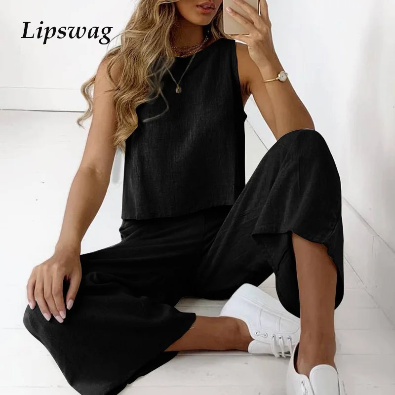 Элегантный однотонный комплект из двух предметов хлопка и льна для женщин модная