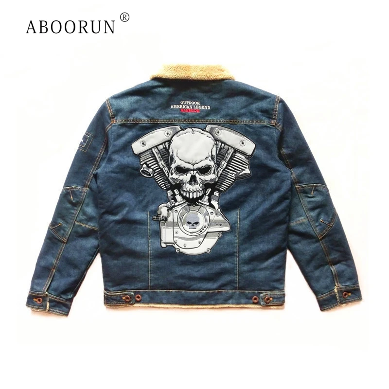 

Мужские толстые шерстяные джинсовые куртки ABOORUN, светоотражающие мотоциклетные джинсовые куртки с принтом черепа, зимнее повседневное пал...