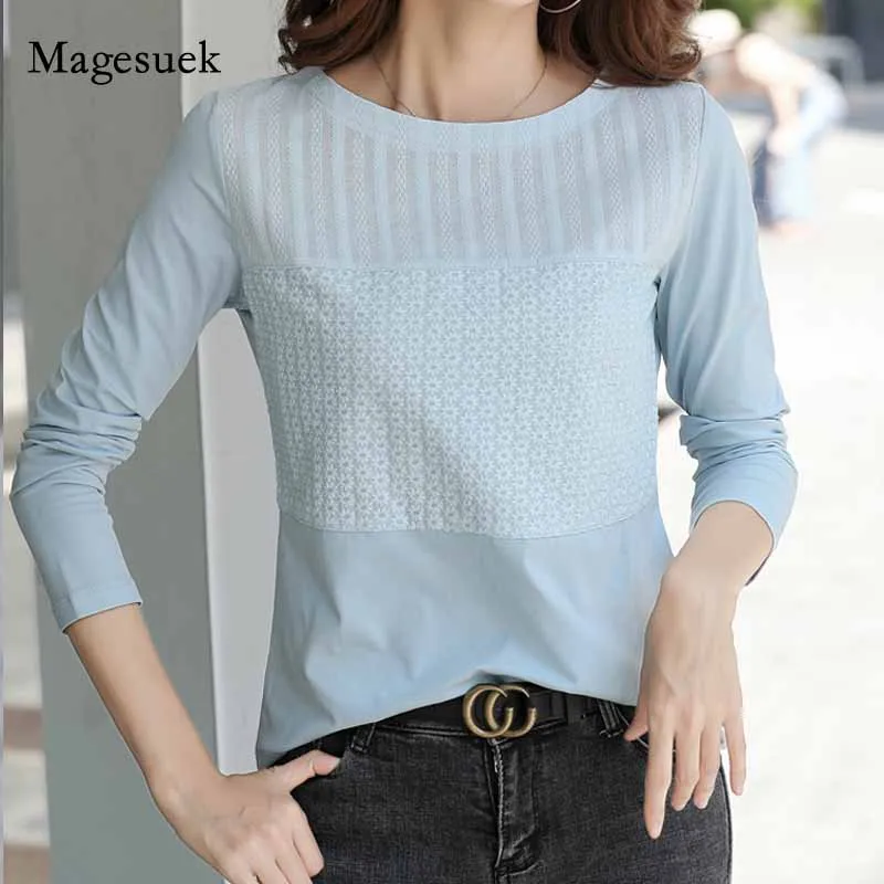 

Women Fashion O-neck Office Lady Embroidered Korean Clothes T-shirt Women 2020 Autumn Cotton Stitching Long Sleeve Shirt 10852