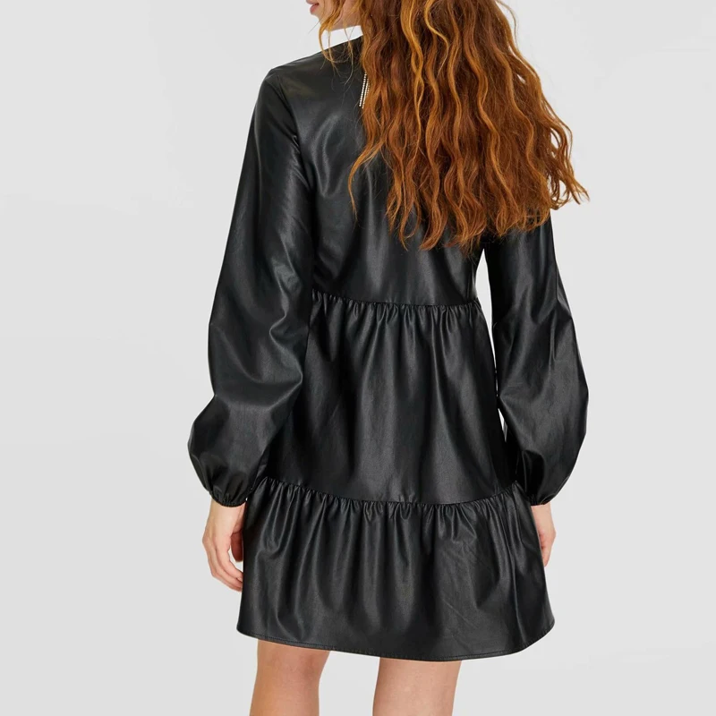 Женское платье мини из искусственной кожи демисезонное привлекательное черное