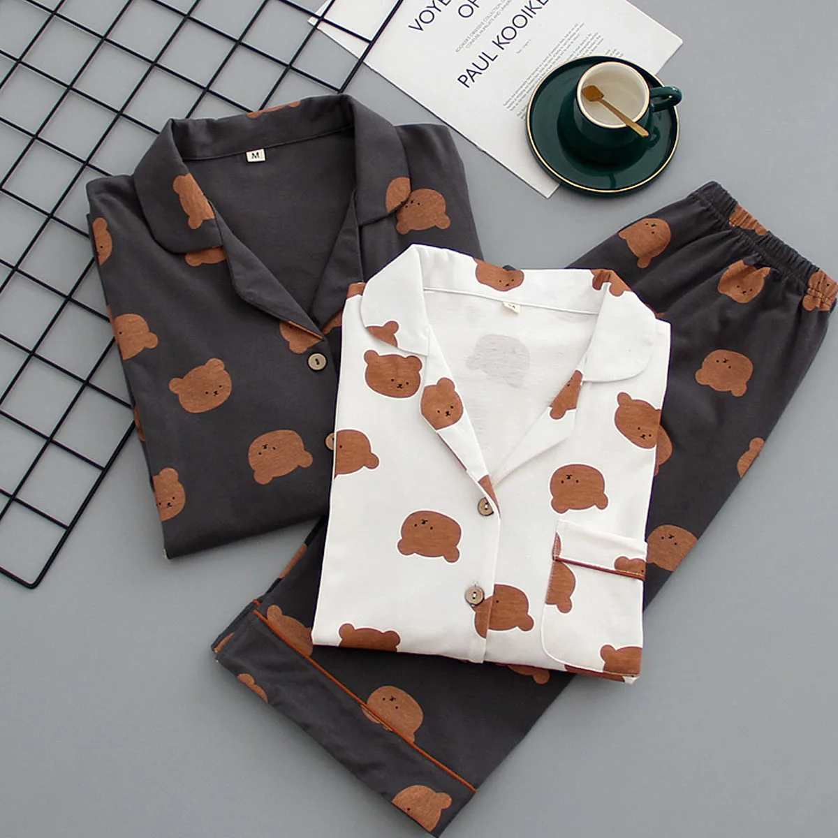 Women Cotton Pajamas Set Long-sleeved Japanese Style PJ Suit for Spring and Autumn Home Wear