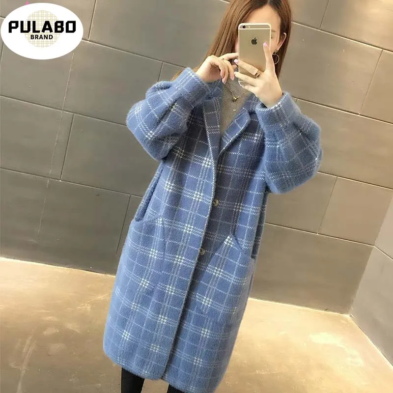 

Faux Mink Fur Long Loose Winter Wool Coat Women Loose Knitted Cardigan Plaid Woolen Female Overcoat Manteau Femme Hiver Cape