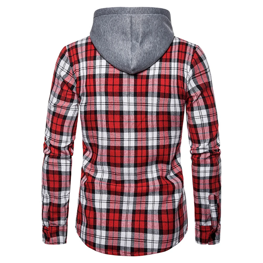 Весенние мужские клетчатые рубашки, мужская повседневная приталенная рубашка с капюшоном, классические топы с длинным рукавом и карманами на пуговицах, уличная одежда
