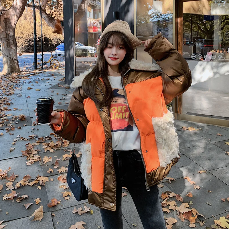 

Куртка женская на белом утином пуху, корейское свободное зимнее пальто 2023 года, Женская куртка из овечьей шерсти радужного цвета, плотное пальто с прострочкой, Новинка