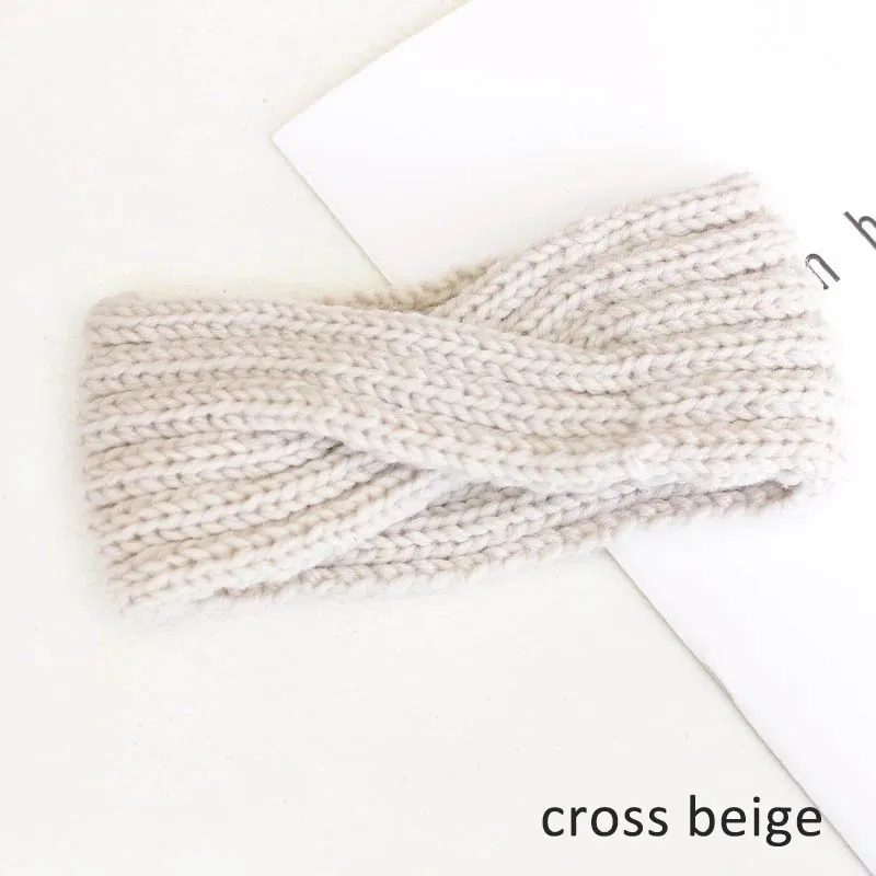 cross beige Женская повязка на голову, зимняя теплая вязаная повязка на голову с ушками, вязаная повязка на голову с бантом, широкая растягивающаяся повязка на голову, широкий тюрбан, повязка на голову для девочек - Цвет: cross beige