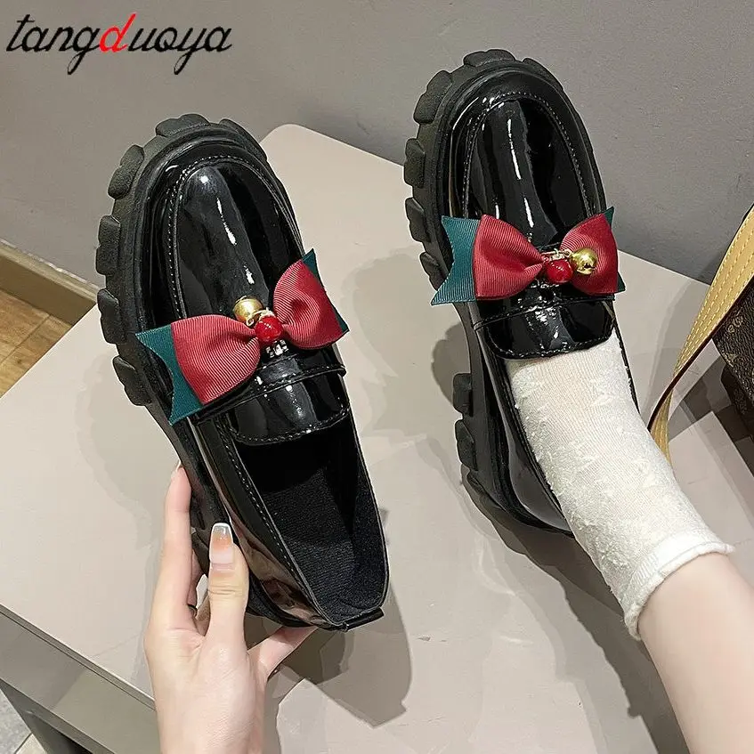

bow Vintage shoes Black Platform Shoes Women Loafers Slip On Boat Shoes Autumn Office mary jane shoes Casual Leather Oxfords