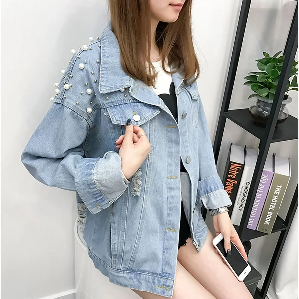 Женское джинсовое пальто с вышитыми трехмерными цветами жемчужинами и бусинами