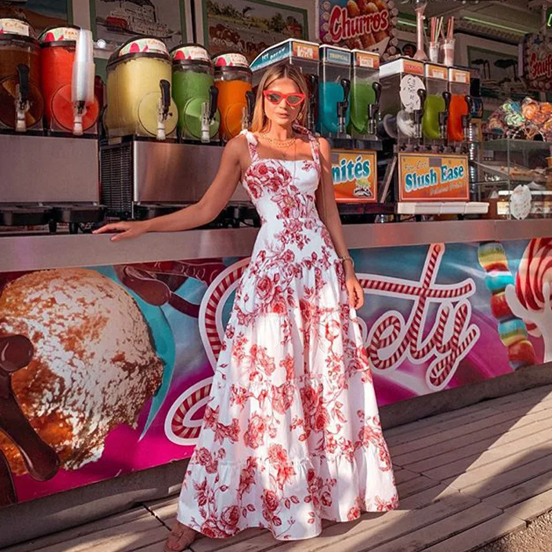 

New Style Dress Sexy Sleeveless Floral Print Dress Pretty Lady Sweety Pleated Dress Fashion Long Dress for Women Bohemian Dress