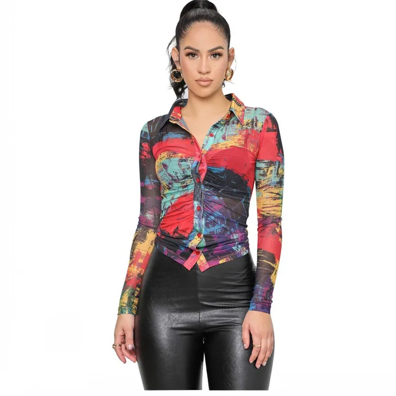 

Tie Dye Shirts Women Blouses Draped Single Breasted Slim Tops Spring Fashion New Full Sleeve Casual Y2k Female Blusa Tunics Tops