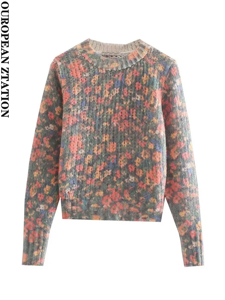 

Women 2021 za fashion loose floral jacquard cropped knitted sweater vintage o neck long sleeve female pullovers chic tops