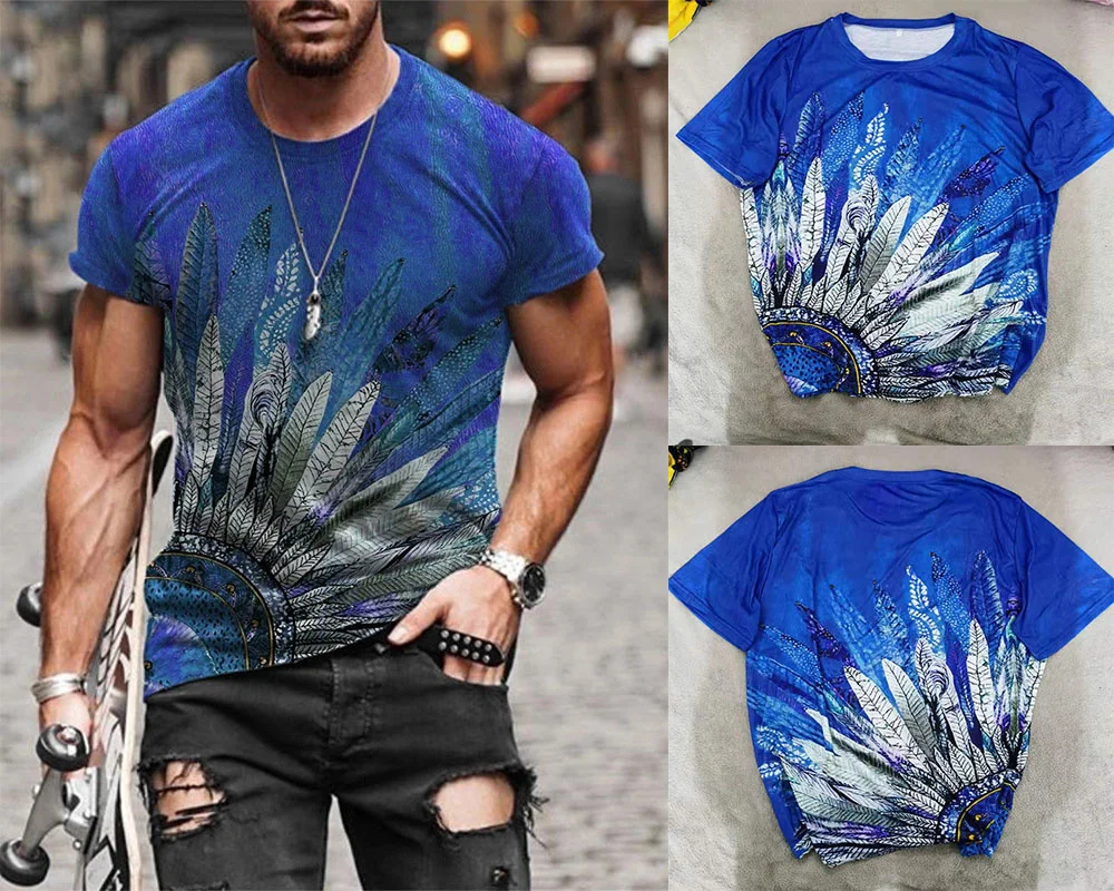 

Men's Indian feather 3D T-shirt dress summer leisure sports trend hip hop short sleeve