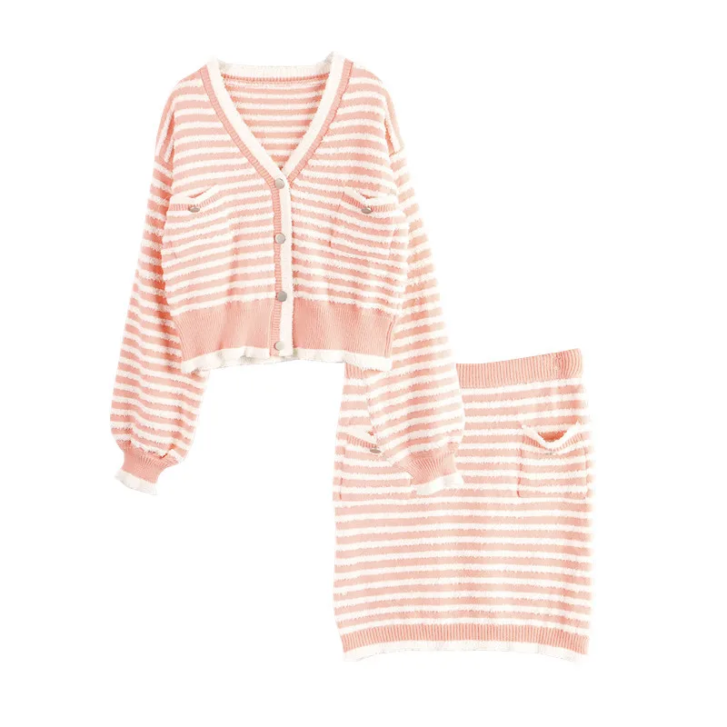 

Spring and autumn 2020 style contrast color striped knitted cardigan coat women's two-piece suit