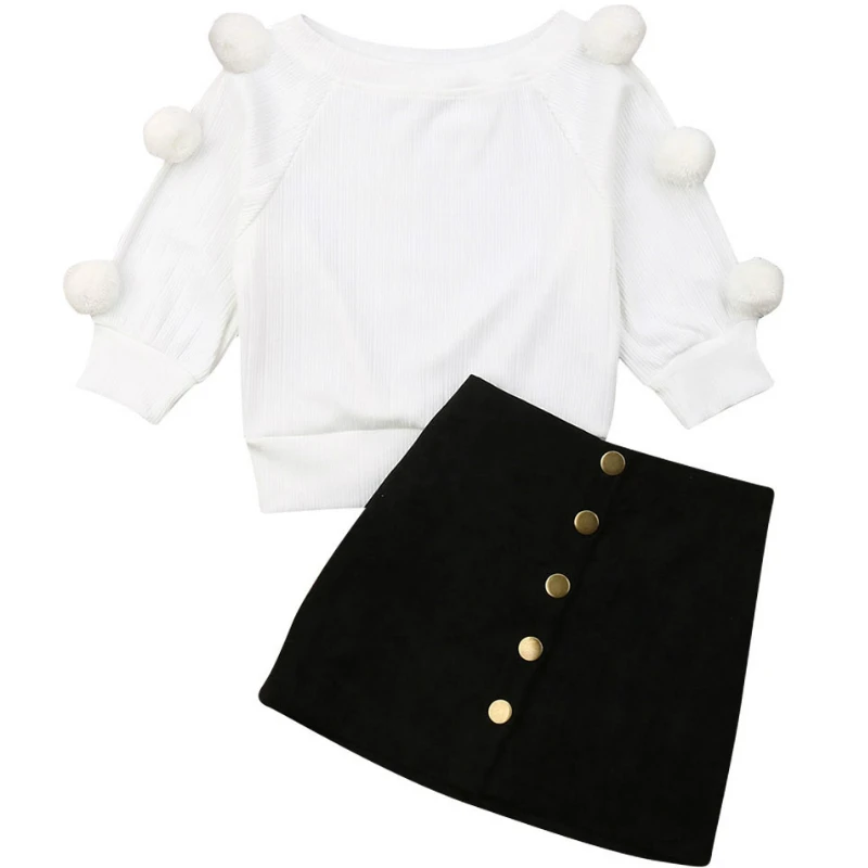 Одежда для девочек Новинка 2019 года Вязаный топ с помпонами маленьких + мини юбка