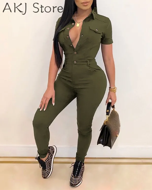 

Women Buttoned Short Sleeve Skinny Jumpsuit Solid Color Casual Romper Overalls