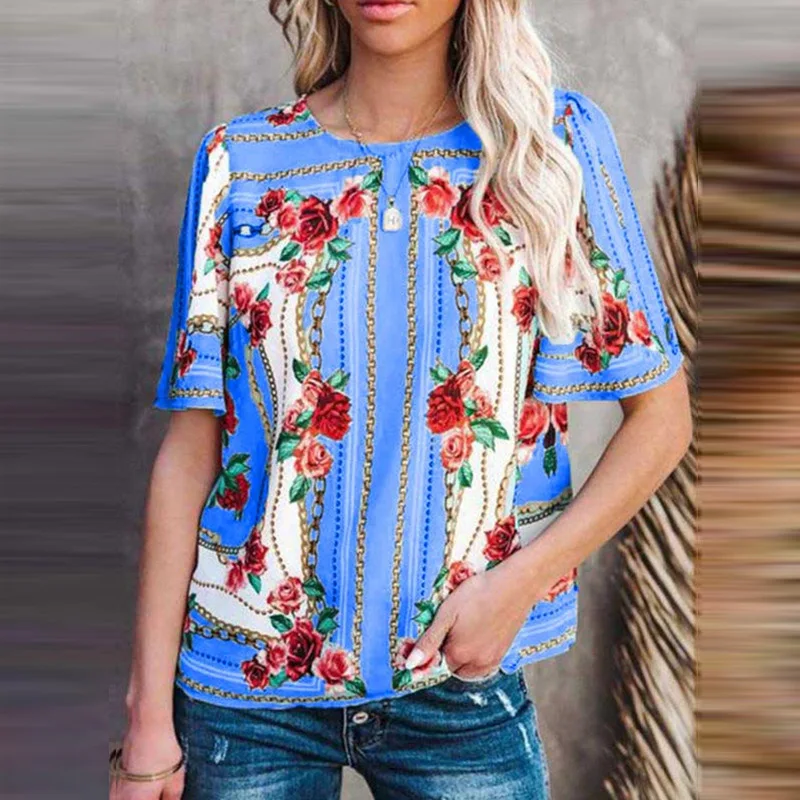 

Summer O Neck Short Sleeve Blouse Shirt 2021 Retro Women Floral Print Tops Blusa Casual Female Loose Pullovers Shirts Streetwear