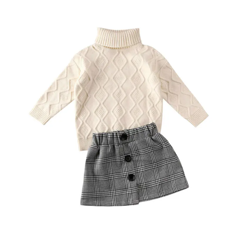 2020 Autumn Winter Kids Baby Girl Clothes Sets Turtleneck Knit Sweater Tops + Plaid Print Mini Skirt Outfit | Детская одежда и