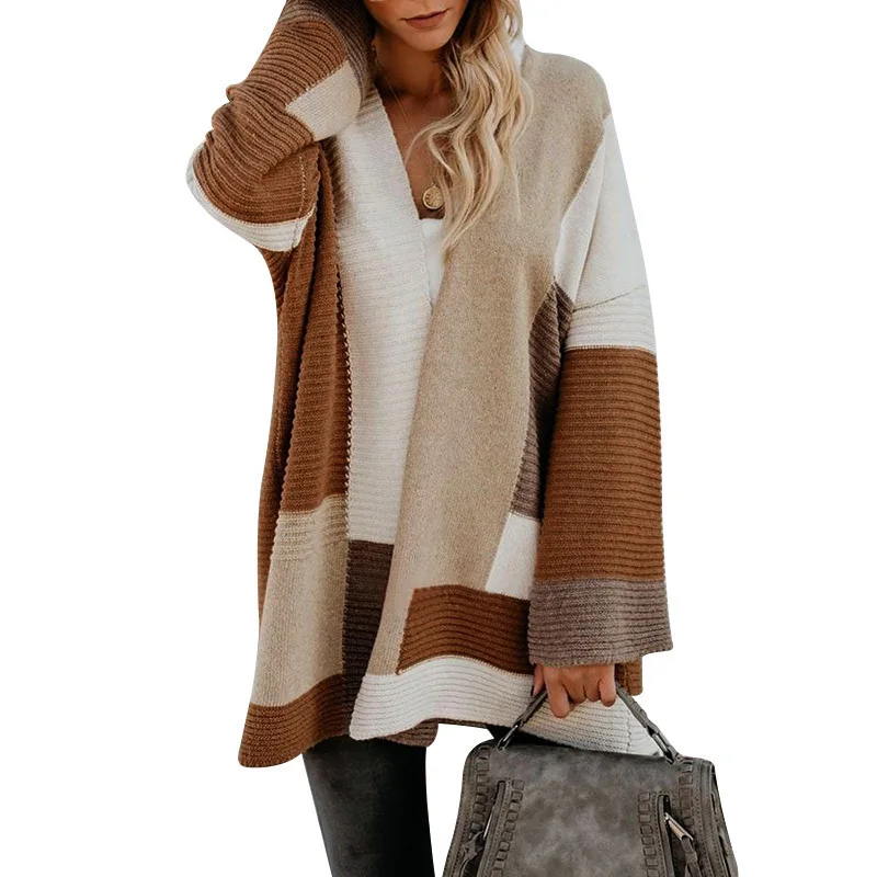 

2021 autumn and winter new sweater women loose geometric color matching sweater cardigan