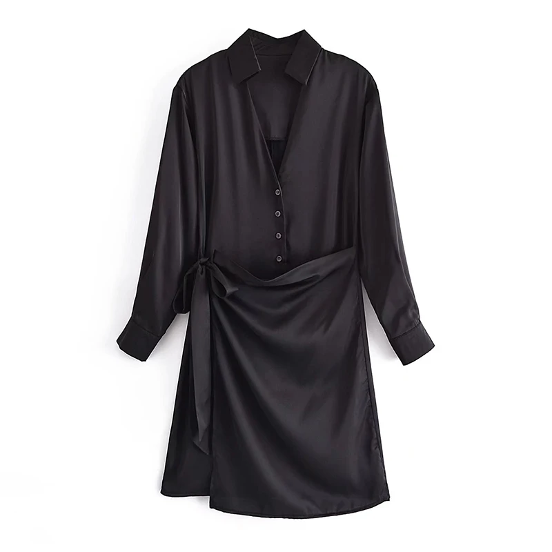 

YENKYE Women Fashion 2021 Vintage Black Satin Dress Female Hem Wrap Style Long Sleeve Shirt Dress Ladies Autumn Vestido