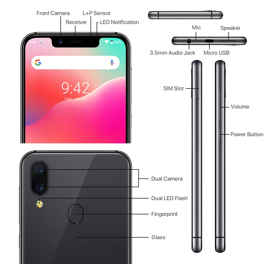 UMIDIGI A3 Pro Global Band Android 9,0 5," 19:9 полноэкранный мобильный телефон 3 ГБ+ 32 ГБ 12 Мп+ 5 Мп разблокировка лица двойной 4G смартфон