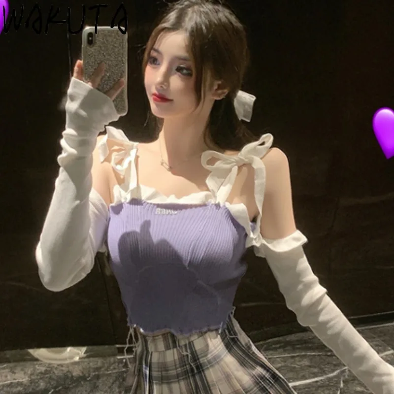 Женский укороченный топ с бантом WAKUTA рубашка длинным рукавом и открытыми плечами