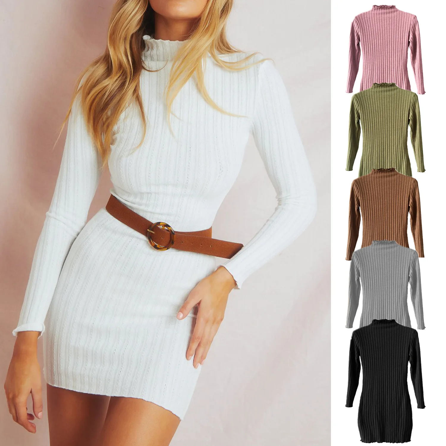 

Autumn and Winter 2020 Knitted Long-sleeved Slim Dress Sexy Ladies Hip White Khaki Pink Dress