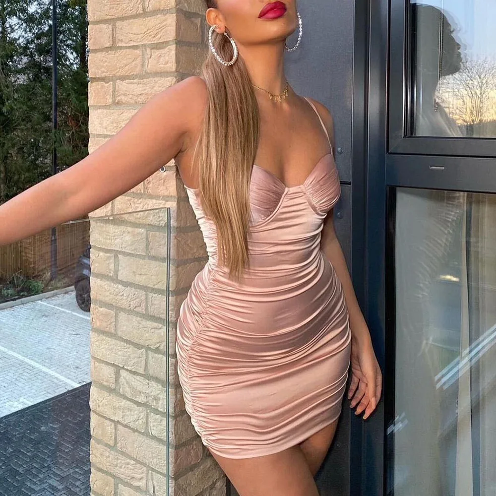

2021 Women Strapless Sexy Party Dress Elegant Satin 2020 Summer Dresses Vestidos Folds Mini Bodycon Bandage Dress